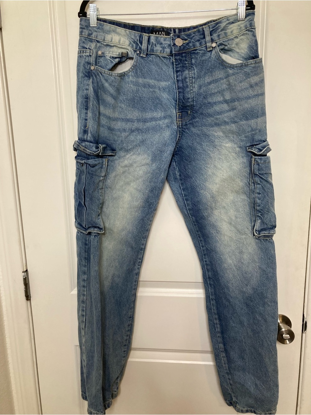 boohooMAN Stone Washed Denim Cargo Pants Relaxed Fit Utility Pockets Waist 34